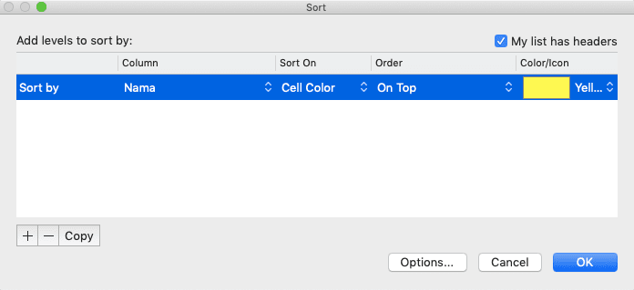 Cara Mengurutkan Data di Excel - Screenshot Contoh Input Detail Pengurutan Data Duplikat