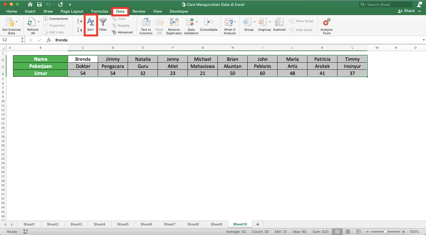 Cara Mengurutkan Data di Excel - Screenshot Lokasi Tab Data dan Tombol Sort