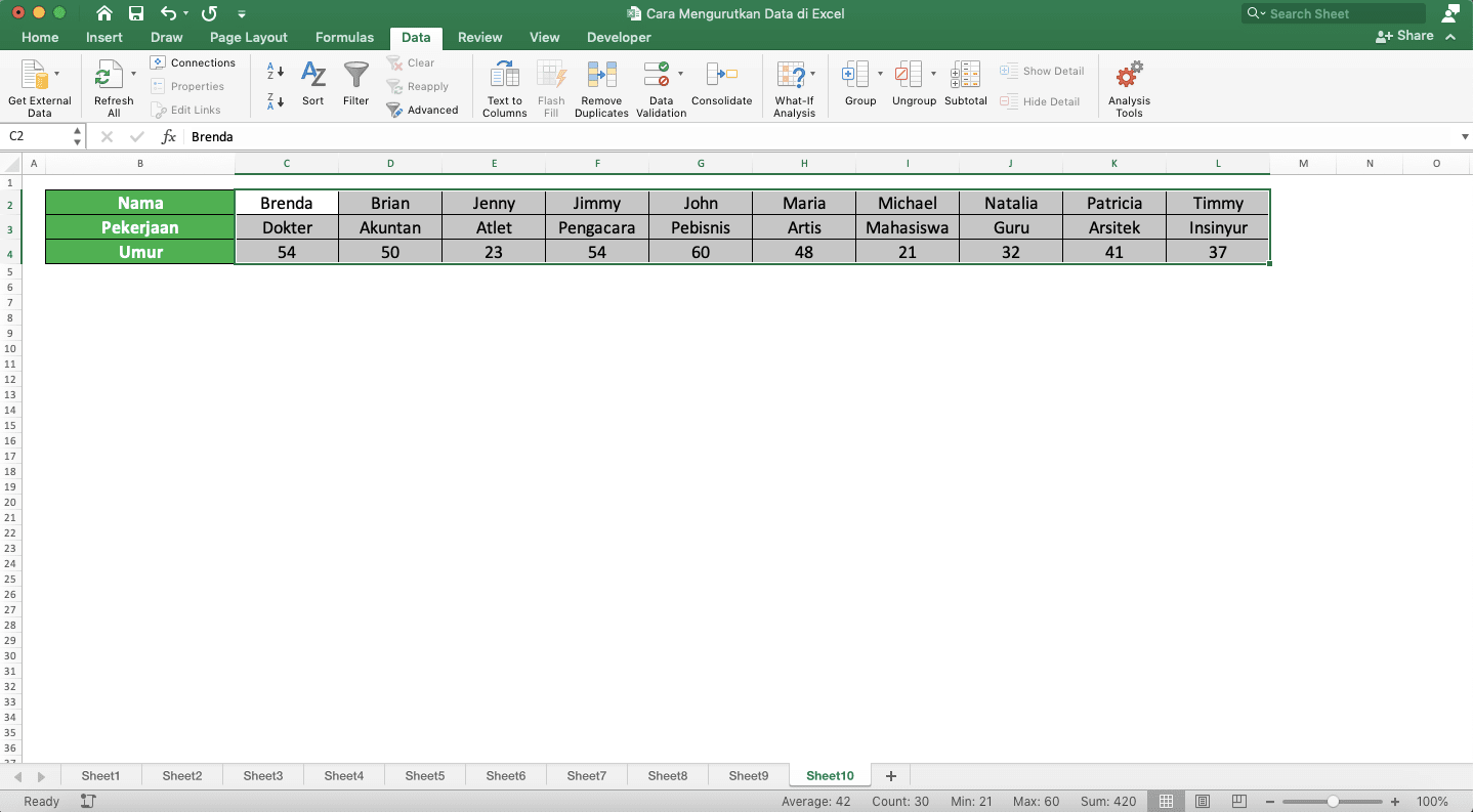 Cara Mengurutkan Data di Excel - Screenshot Contoh Hasil Pengurutan Kolom