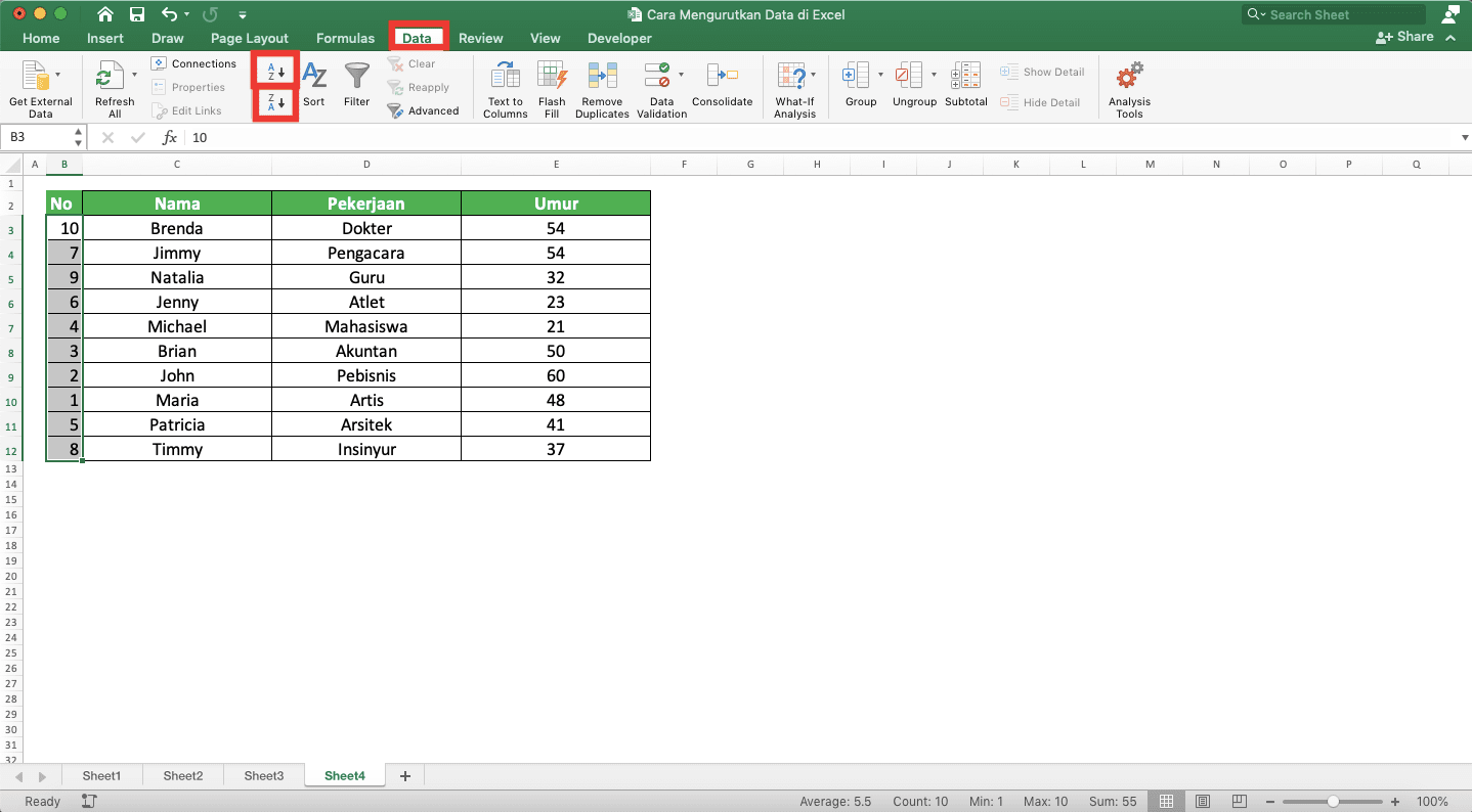 Cara Mengurutkan Data di Excel - Screenshot Lokasi Tab Data dan Dua Tombol Pengurutan Datanya