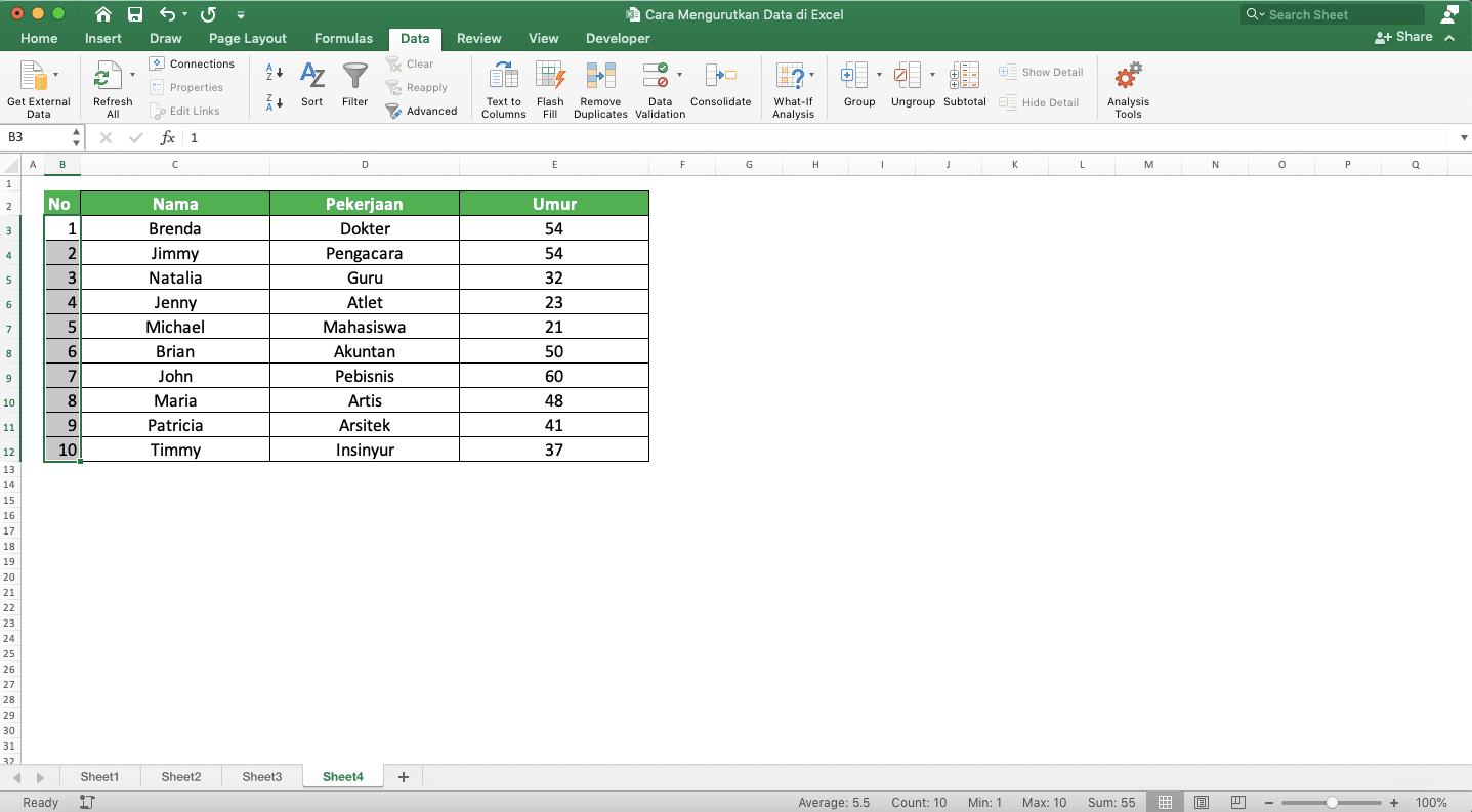 Cara Mengurutkan Data di Excel - Screenshot Contoh Hasil Pengurutan Nomor di Excel