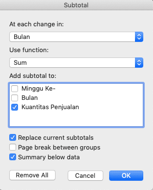 Cara Mengurutkan Data di Excel - Screenshot Contoh Pengaturan Dialog Box Subtotal