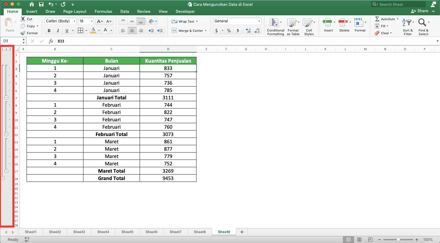 Cara Mengurutkan Data di Excel - Screenshot Lokasi Pengaturan Pengelompokkan Data