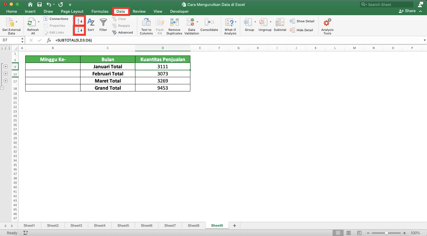 Cara Mengurutkan Data di Excel - Screenshot Lokasi Tab Data dan Dua Tombol Pengaturan Data