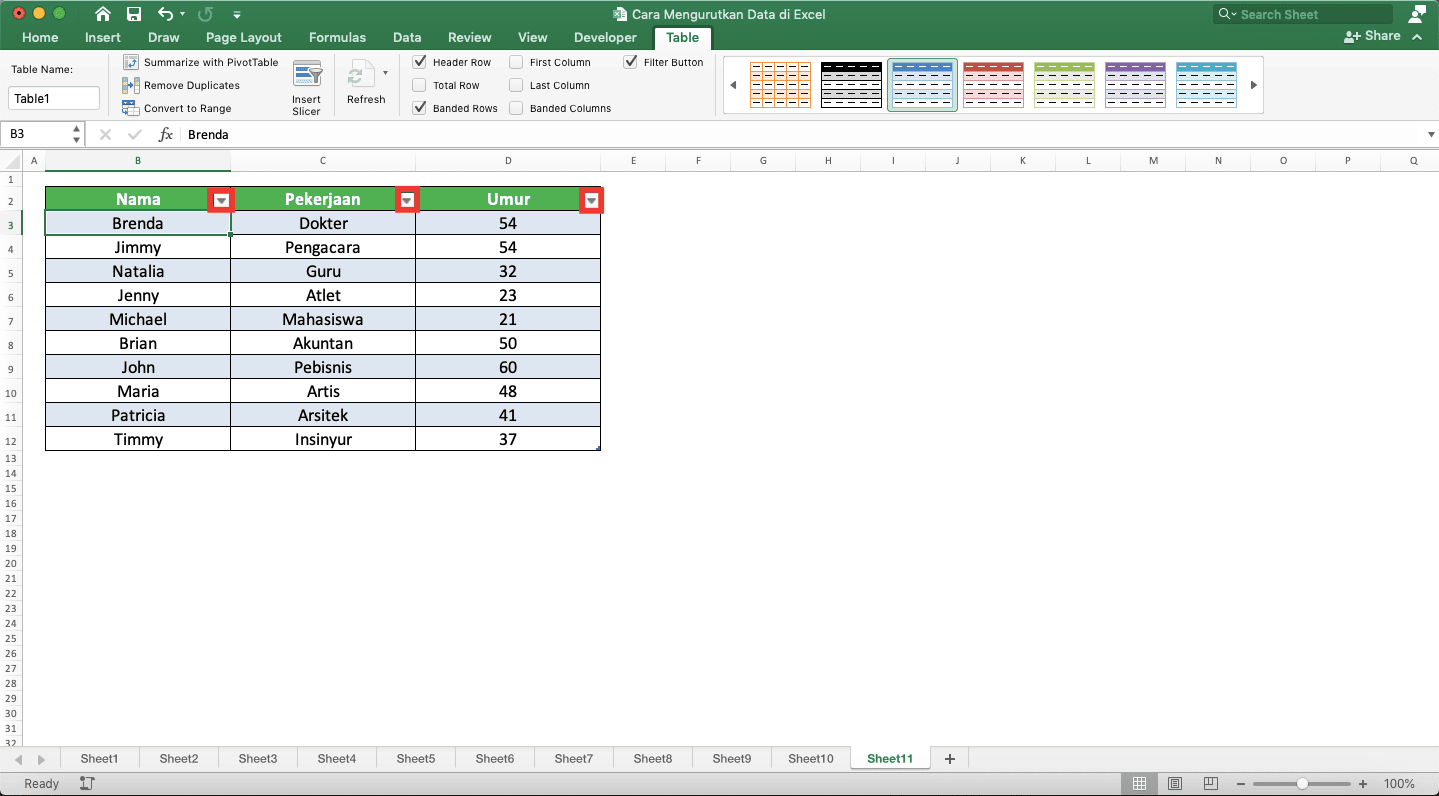 Cara Mengurutkan Data di Excel - Screenshot Contoh Tombol Filter di Tabel Excel