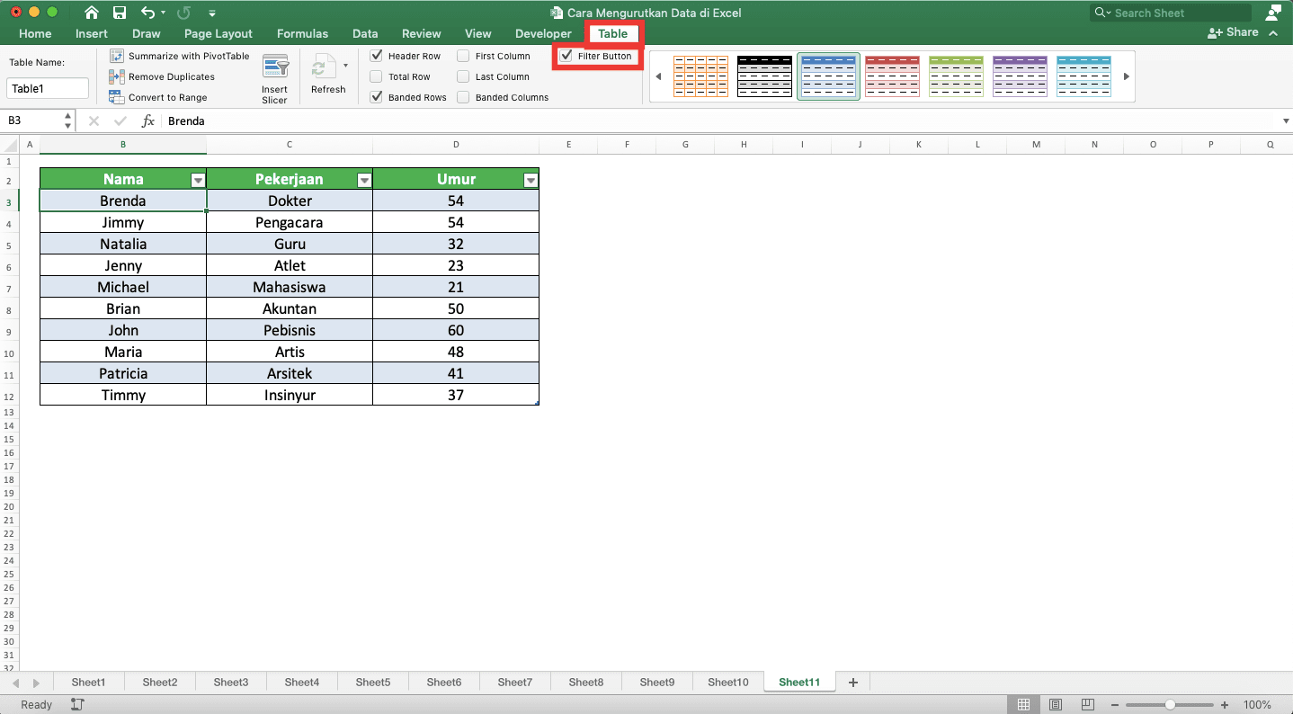 Cara Mengurutkan Data di Excel - Screenshot Lokasi Tab Table dan Boks Centang Filter Button