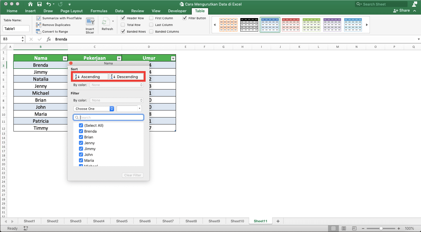 Cara Mengurutkan Data di Excel - Screenshot Lokasi Tombol Pengurutan di Menu Tombol Filter Tabel Excel