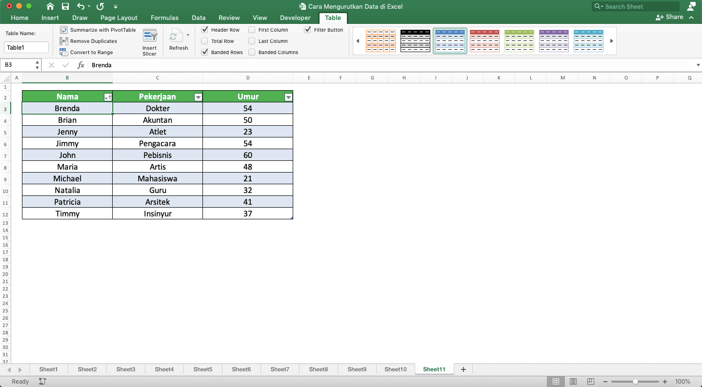 Cara Mengurutkan Data di Excel - Screenshot Contoh Hasil Pengurutan Tabel Excel