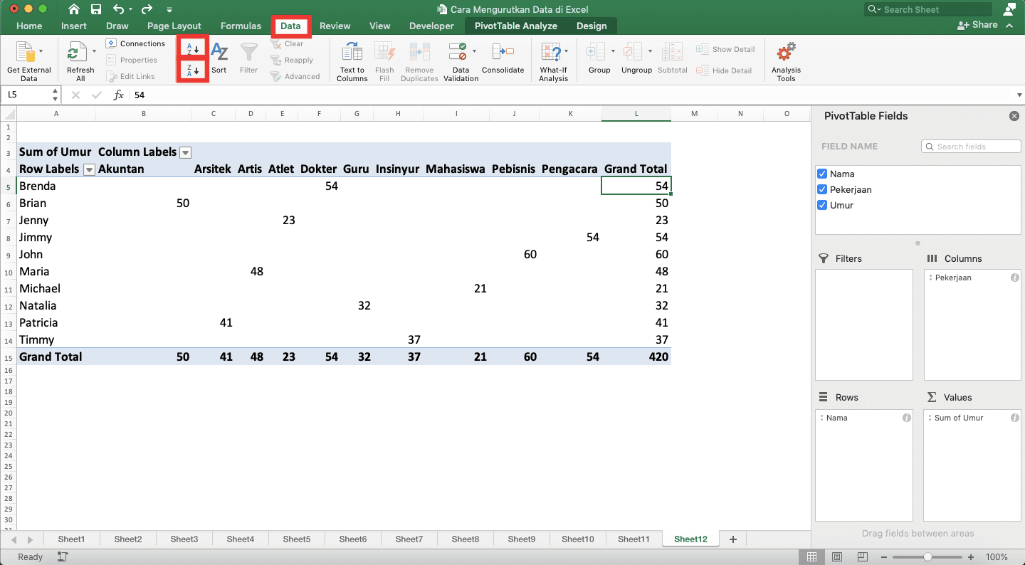 Cara Mengurutkan Data di Excel - Screenshot Lokasi Tab Data dan Dua Tombol Pengurutan Data