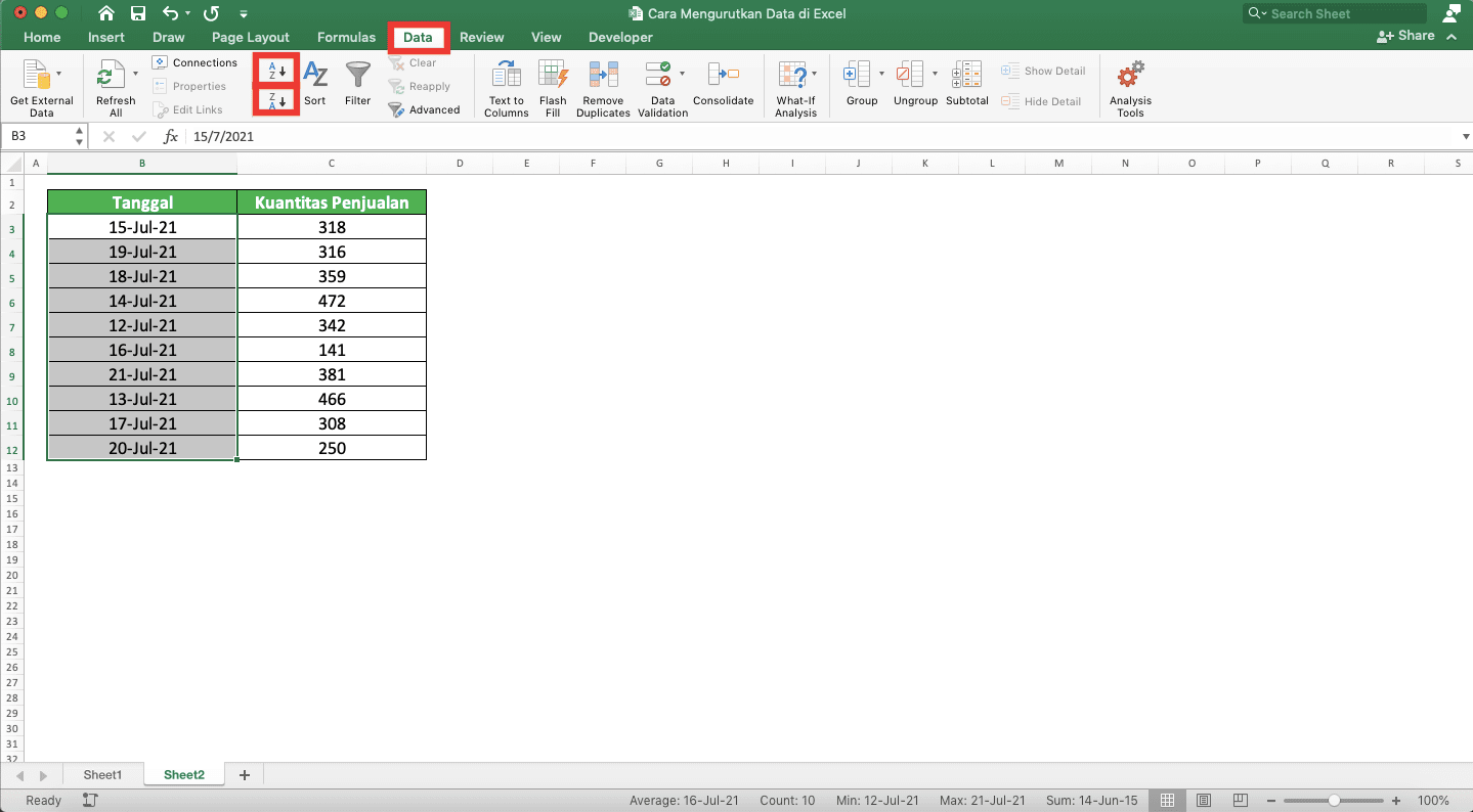 Cara Mengurutkan Data di Excel - Screenshot Lokasi Tab Data dan Dua Tombol Pengurutan Datanya