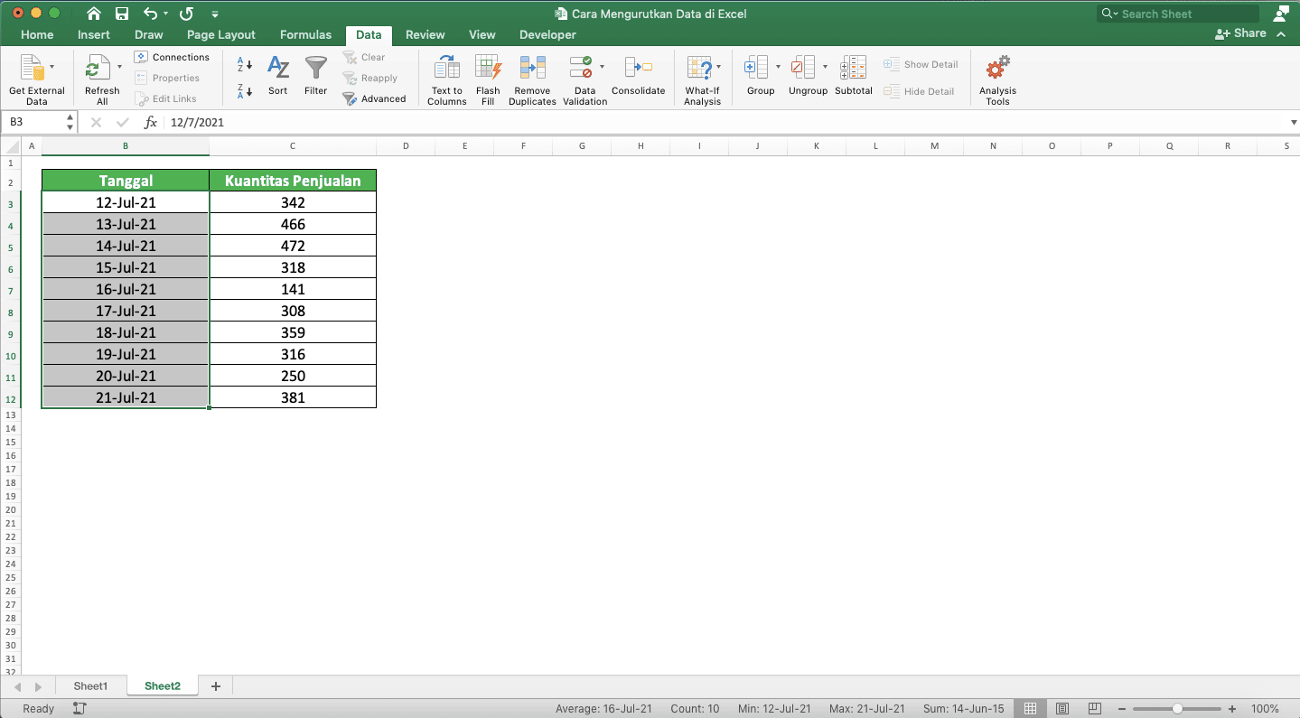 Cara Mengurutkan Data di Excel - Screenshot Contoh Hasil Pengurutan Tanggal di Excel