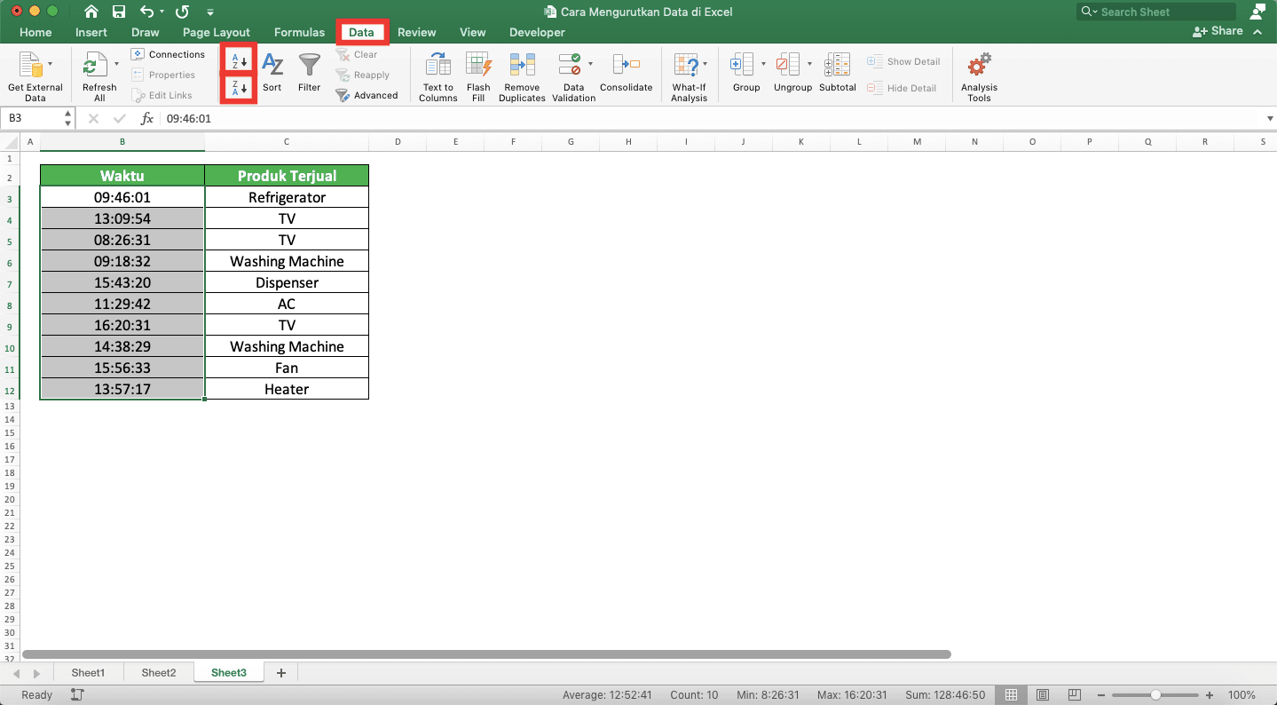 Cara Mengurutkan Data di Excel - Screenshot Lokasi Tab Data dan Dua Tombol Pengurutan Datanya