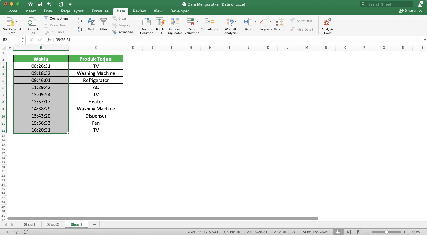 Cara Mengurutkan Data di Excel - Screenshot Contoh Hasil Pengurutan Waktu di Excel