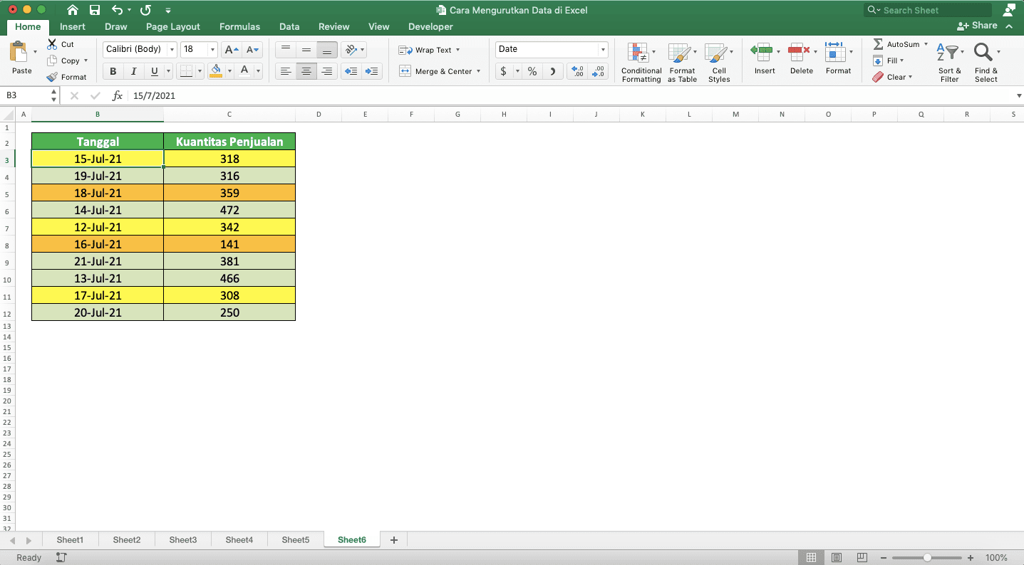 Cara Mengurutkan Data di Excel - Screenshot Cara Mengurutkan Warna, Langkah 1