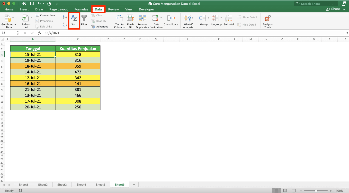 Cara Mengurutkan Data di Excel - Screenshot Cara Mengurutkan Warna, Langkah 2