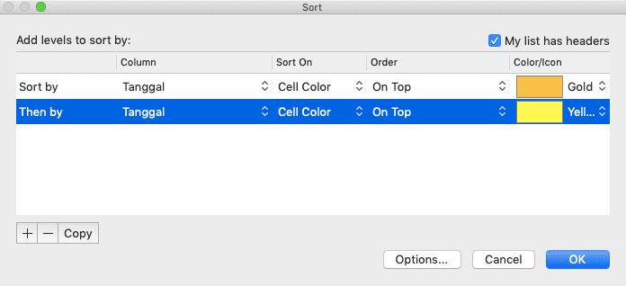 Cara Mengurutkan Data di Excel - Screenshot Cara Mengurutkan Warna, Langkah 3-2