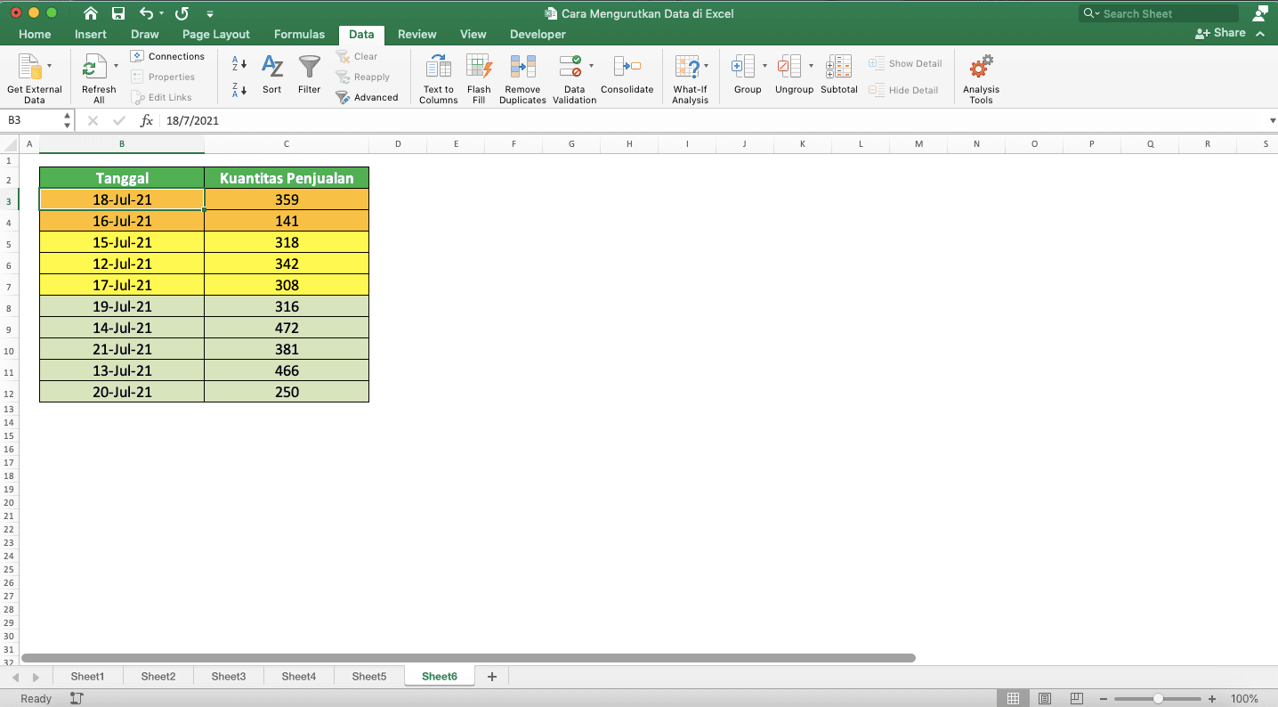 Cara Mengurutkan Data di Excel - Screenshot Cara Mengurutkan Warna, Langkah 4