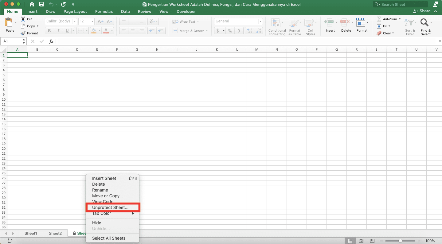 Pengertian Worksheet Adalah; Definisi, Fungsi, dan Cara Menggunakannya di Excel - Screenshot Lokasi Pilihan Unprotect Sheet... di Menu Klik Kanan Sheet Excel