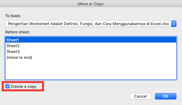 Pengertian Worksheet Adalah; Definisi, Fungsi, dan Cara Menggunakannya di Excel - Screenshot Tanda Centang di Dialog Box Move or Copy Excel