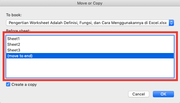 Pengertian Worksheet Adalah; Definisi, Fungsi, dan Cara Menggunakannya di Excel - Screenshot Contoh Pilihan Posisi Sheet Hasil Salin di Dialog Box Move or Copy Excel