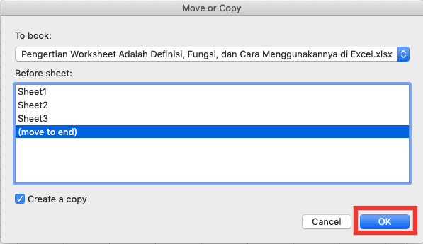 Pengertian Worksheet Adalah; Definisi, Fungsi, dan Cara Menggunakannya di Excel - Screenshot Tombol OK di Dialog Box Move or Copy Excel