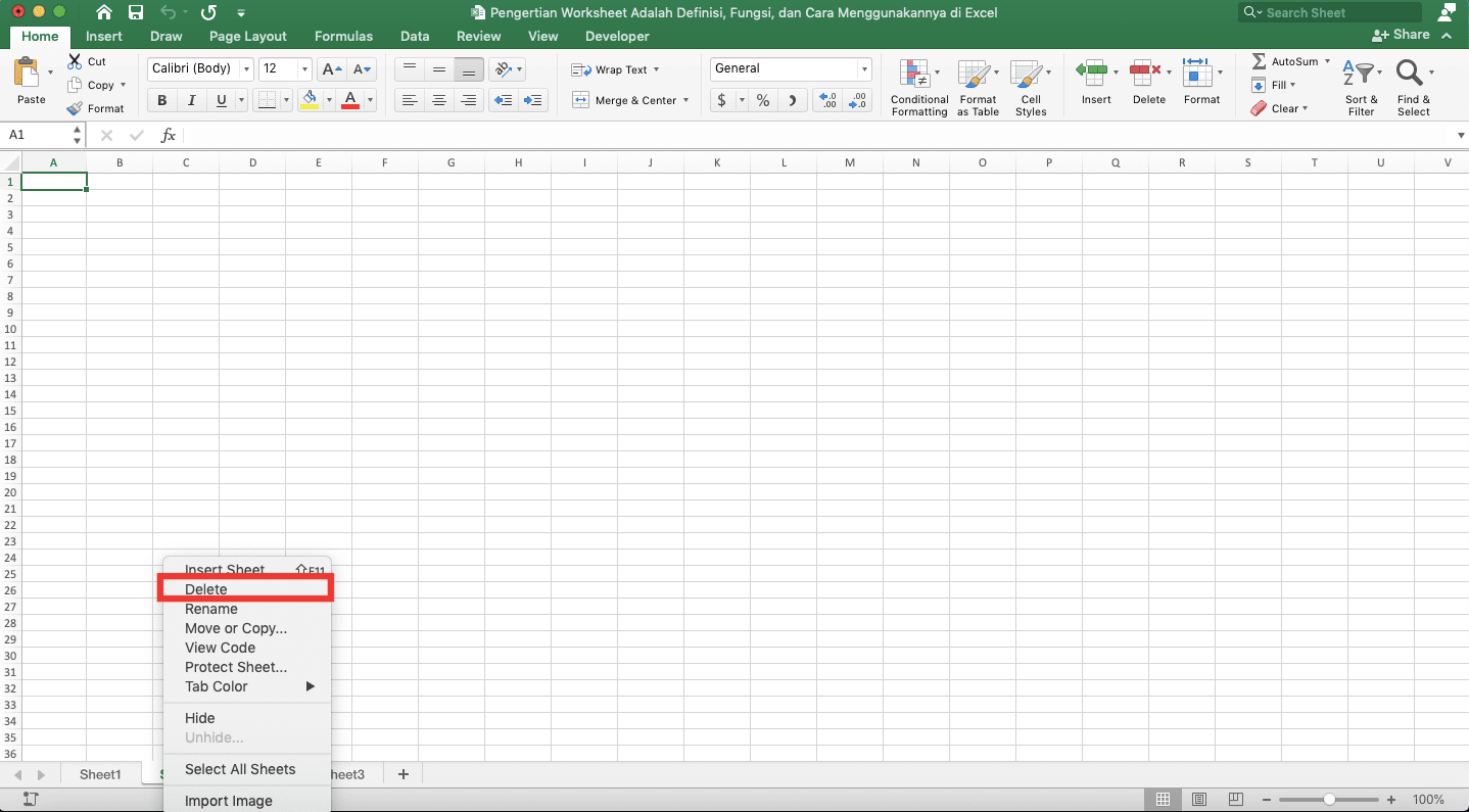 Pengertian Worksheet Adalah; Definisi, Fungsi, dan Cara Menggunakannya di Excel - Screenshot Posisi Pilihan Delete Pada Menu Klik Kanan Sheet di Excel