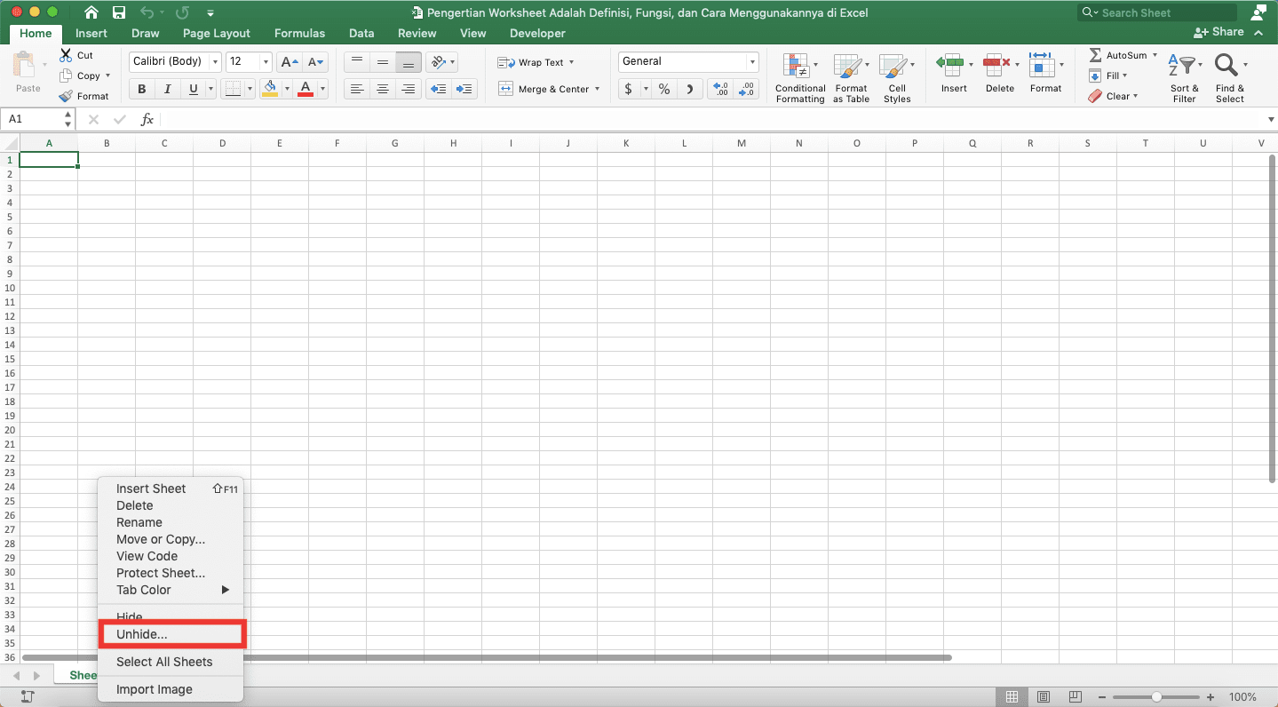 Pengertian Worksheet Adalah; Definisi, Fungsi, dan Cara Menggunakannya di Excel - Screenshot Lokasi Pilihan Unhide... di Menu Klik Kanan Sheet Excel
