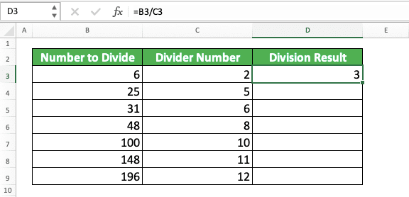 How to Divide Numbers in Excel - Screenshot of the First Formula Example for the Excel Column Division Process