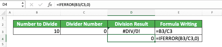 How to Divide Numbers in Excel - Screenshot of the Example for the IFERROR Usage to Anticipate a #DIV/0 Error in Excel