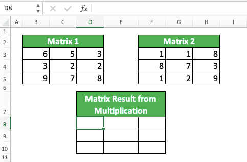 How to Do Matrix Multiplication in Excel - Screenshot of the Two Matrices for MMULT Implementation Example