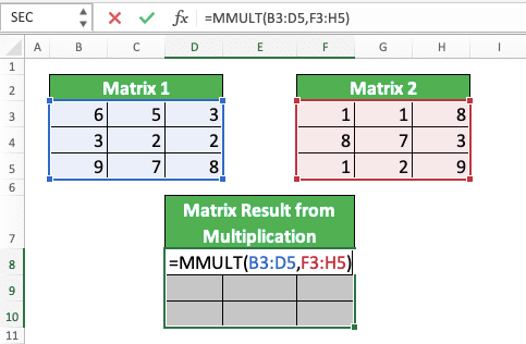 How to Do Matrix Multiplication in Excel - Screenshot of the MMULT Writing Example