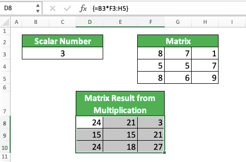 How to Do Matrix Multiplication in Excel - Screenshot of the Scalar Number and Matrix Multiplication Example