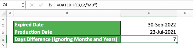 How to Subtract in Excel and All Its Formulas & Functions - Screenshot of the Example for Days/Months/Years Subtraction in Excel