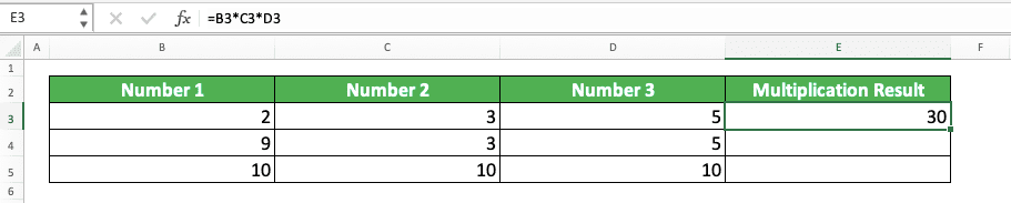 Multiplication in Excel and All Its Formulas & Functions - Screenshot of the Formula for the Example of Columns Multiplication in Excel