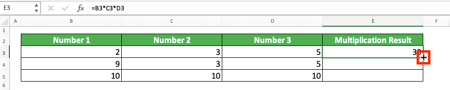 Multiplication in Excel and All Its Formulas & Functions - Screenshot of the + Sign Example to Copy the Columns Multiplication Formula