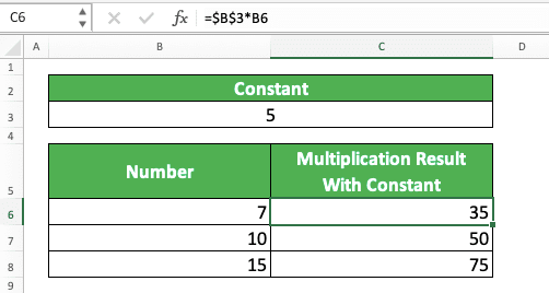Multiplication in Excel and All Its Formulas & Functions - Screenshot of the Example for the Absolute Cell Coordinate Reference Method for Excel Constant Multiplication