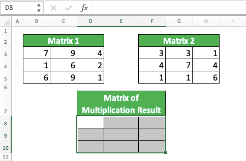 Multiplication in Excel and All Its Formulas & Functions - Screenshot of the Highlight Example for the Matrixes Multiplication's Result Cell Range