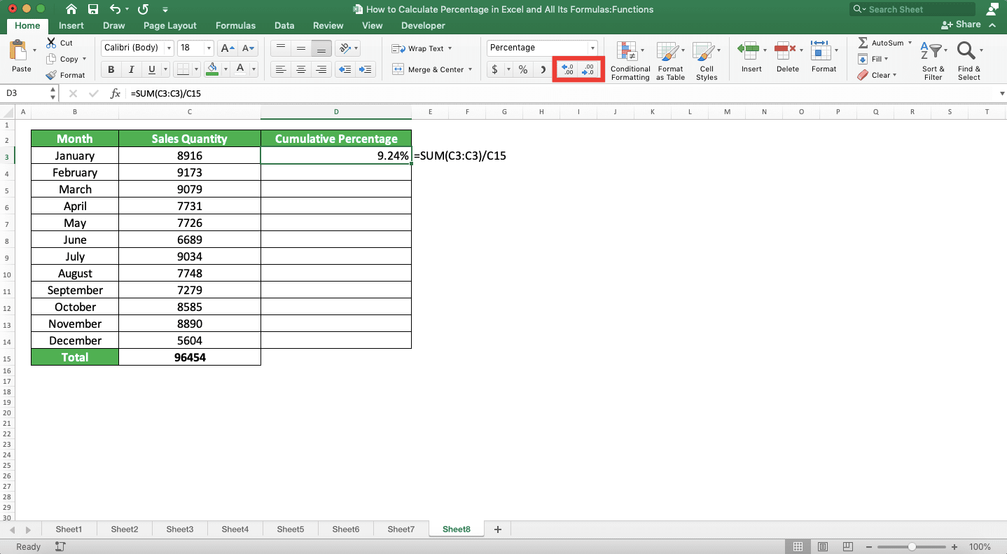 How to Calculate Percentages in Excel and All Its Formulas/Functions - Screenshot of the Increase Decimal/Decrease Decimal Button Location and the Cumulative Percentage Formula Writing Example