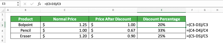 How to Calculate Percentages in Excel and All Its Formulas/Functions - Screenshot of the Discount Percentage Formula Implementation Example