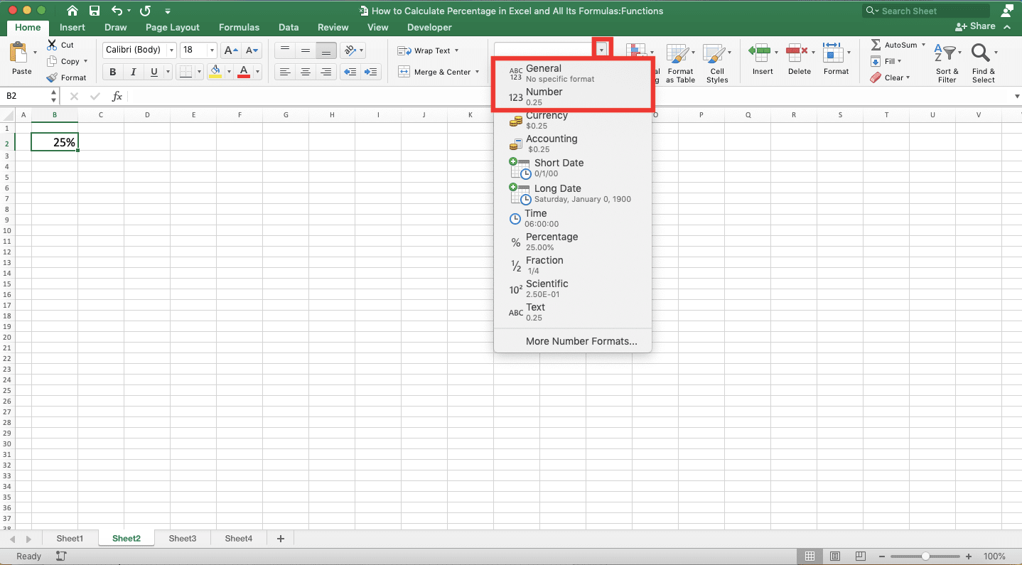 How to Calculate Percentages in Excel and All Its Formulas/Functions - Screenshot of the Home Tab, Data Format Dropdown, and General & Number Dropdown Choices