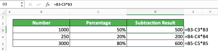 How to Calculate Percentages in Excel and All Its Formulas/Functions - Screenshot of the Number and Percentage Subtraction Formula Implementation Example