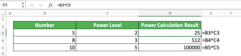 How to Calculate Power in Excel - Screenshot of a Power Calculation Implementation Example Using the Caret Symbol