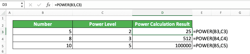 How to Calculate Power in Excel - Screenshot of a Power Calculation Implementation Example Using the POWER Formula