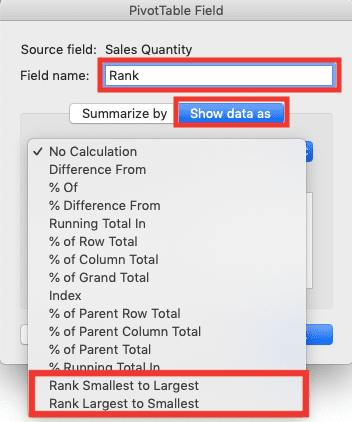 How to Rank in Excel with Various Excel Ranking Formulas - Screenshot of the Value Name Text Box, Show data as Tab, and Rank Dropdown Choices Locations