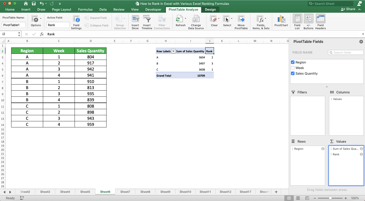 How to Rank in Excel with Various Excel Ranking Formulas - Screenshot of the Pivot Table Ranking Result Example