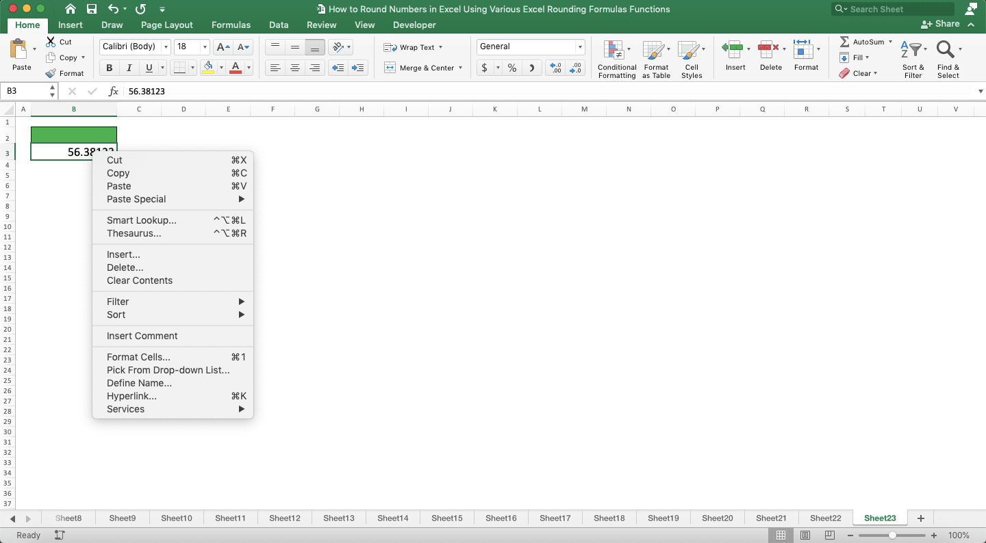 How to Round Numbers in Excel Using Various Excel Rounding Formulas/Functions - Screenshot of the Format Cells... Choice Location in the Cell Right-Click Menu