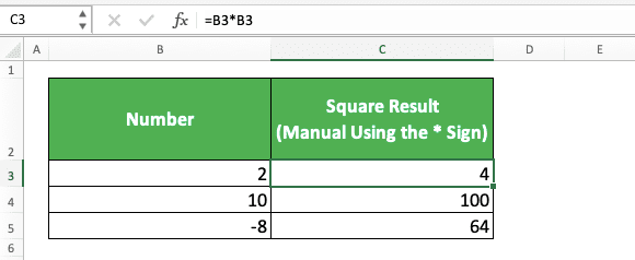 How to Make a Square Excel Calculation and All Its Formulas & Functions - Screenshot of the Example of Using the * Symbol to Square a Number in Excel
