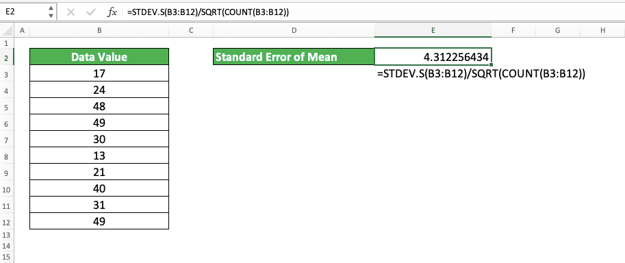 How to Calculate Standard Deviation in Excel by Using Its Excel Formulas & Functions - Screenshot of the Example of Calculating Standard Error of the Mean in Excel