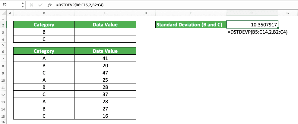 How to Calculate Standard Deviation in Excel by Using Its Excel Formulas & Functions - Screenshot of the Example of Using DSTDEVP to Calculate Standard Deviation with IF Criteria in Excel
