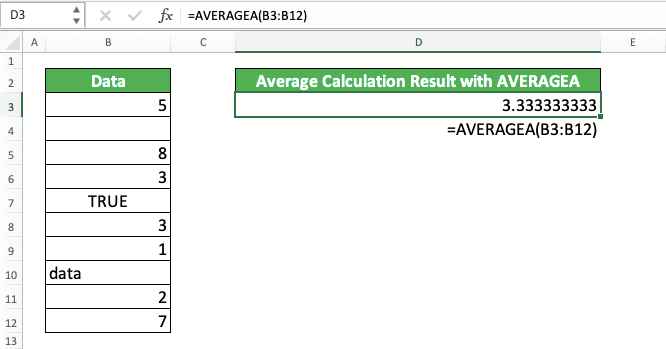 AVERAGEA Formula in Excel: Functions, Examples, and How to Use - Screenshot of the AVERAGEA Implementation in Excel